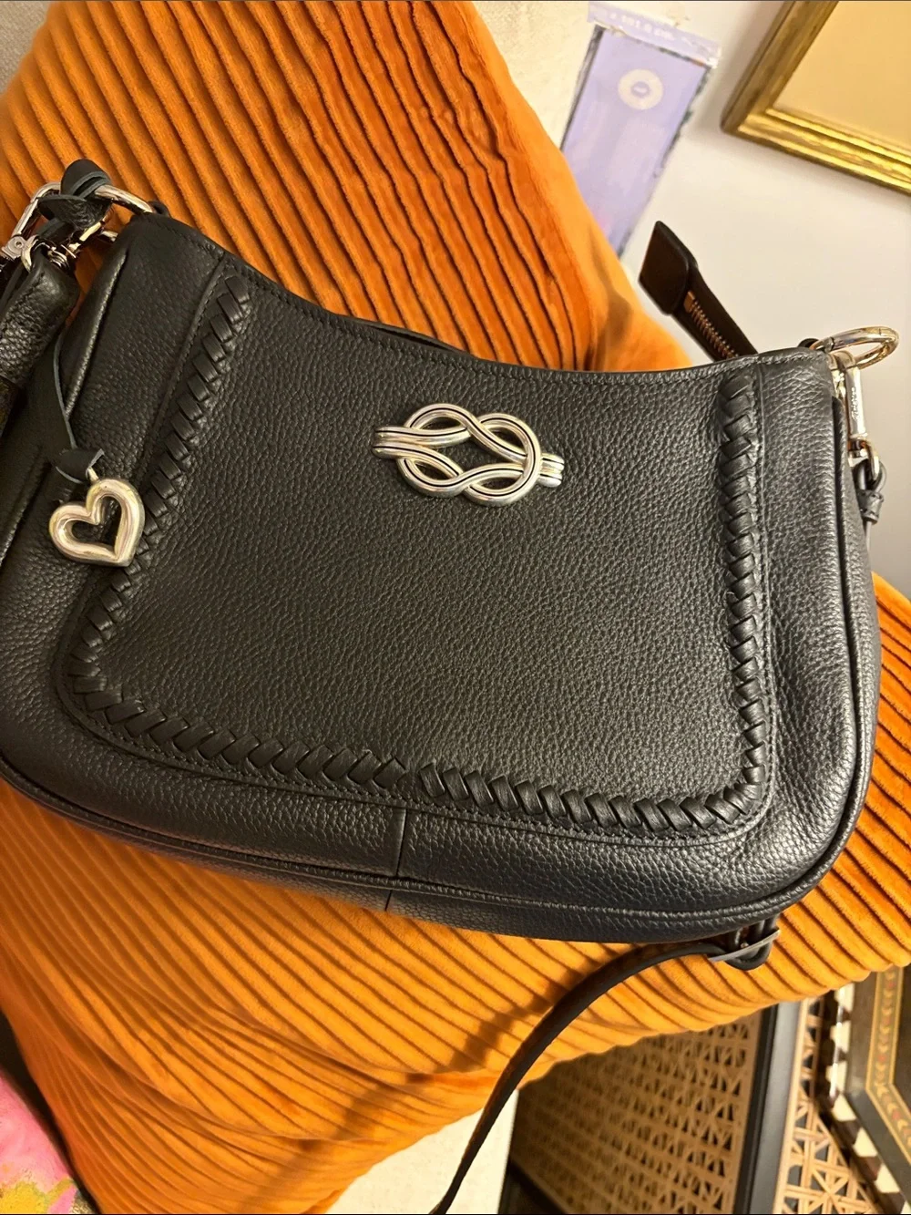 Brighton Black Leather Crossbody with Silver Knot & Heart Charm- Fletcher